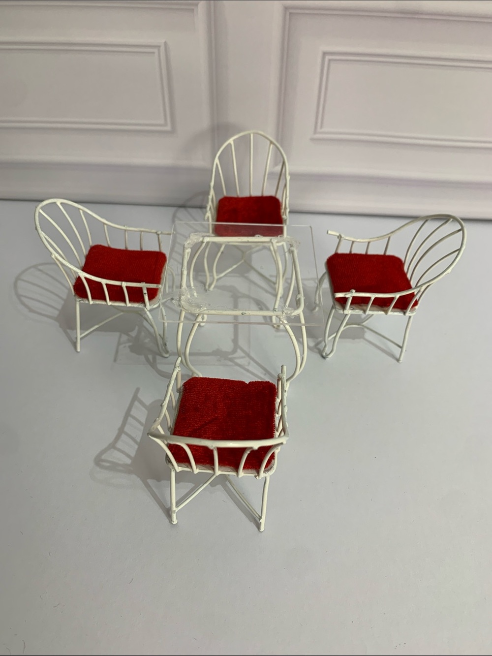Dollhouse White Metal Bistro Set with Red Cushions Small scale decor